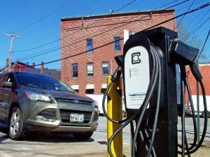 Electric vehicle charging station in Belfast. Photo courtesy Republican Journal.